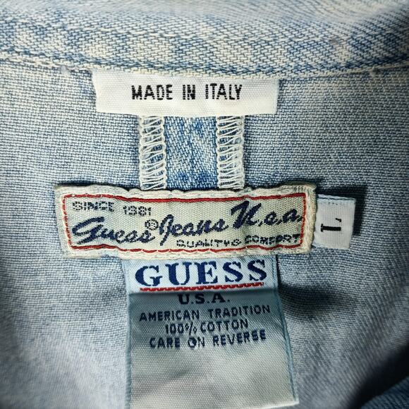 VTG Guess Western Shirt Women Large Blue Denim Pearl Snap Ruffle 90s - Picture 2 of 8